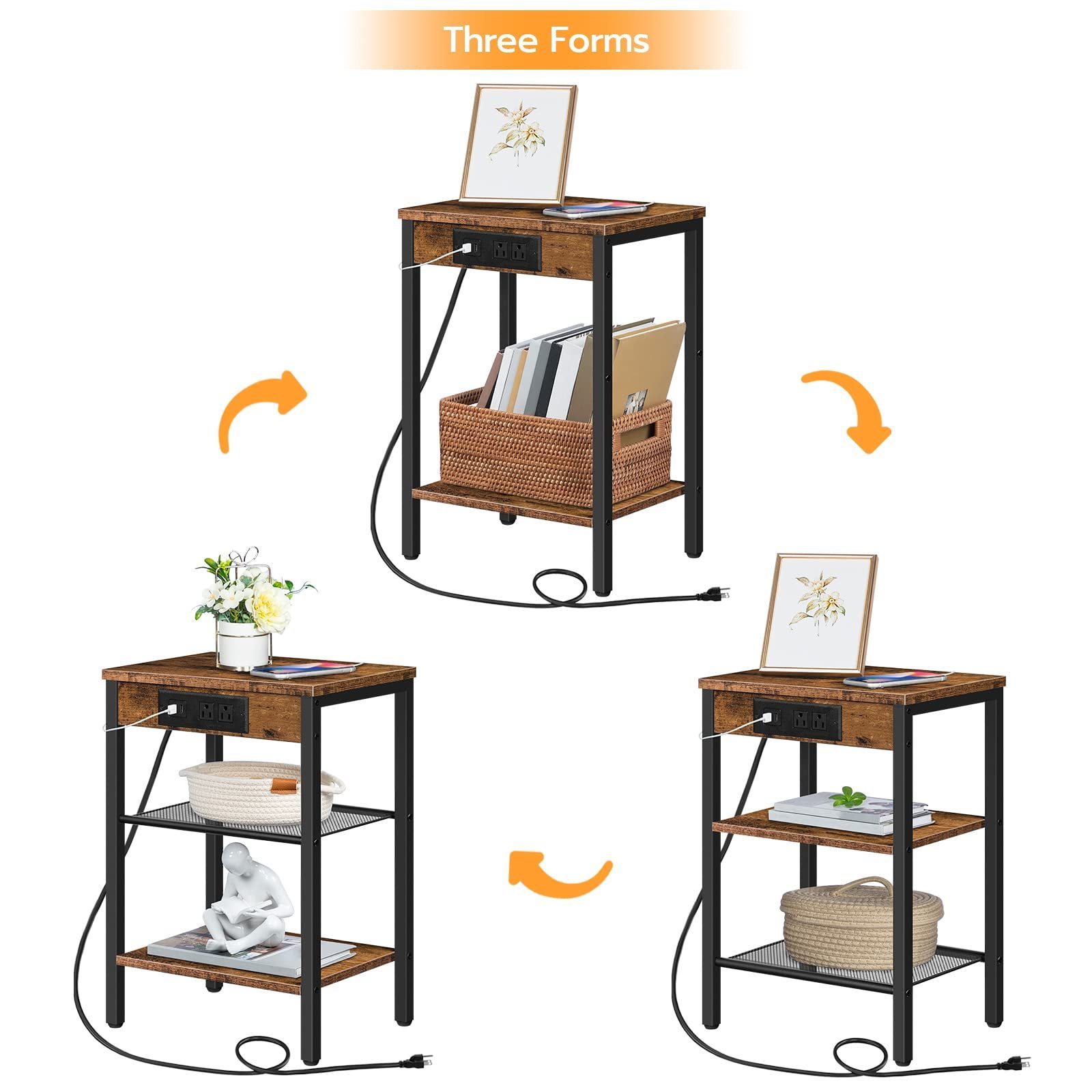 End Table with Charging Station and USB Ports 3-Tier Nightstand with Adjustable Shelf Narrow Side Table for Small Space