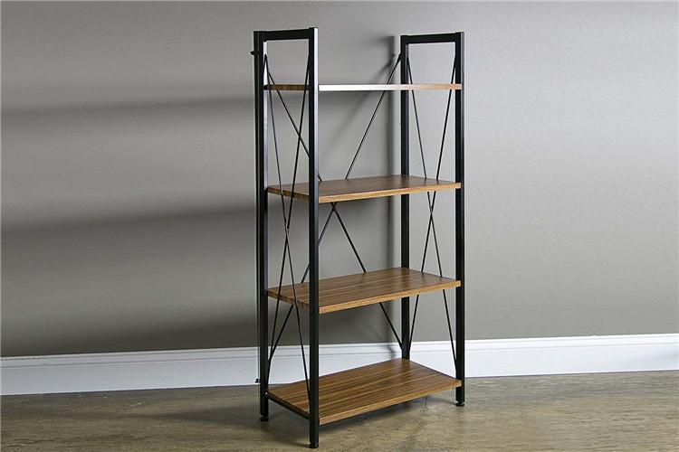 Movable Simple Design Rustic Industrial 4 Tier Wood Bookshelf Easy Assembly Shelf for Home Storage