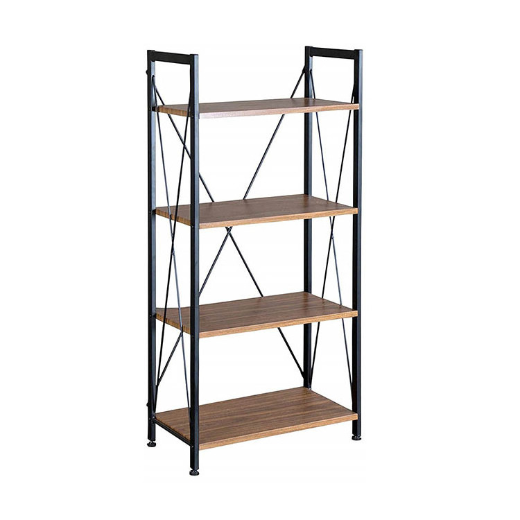 Movable Simple Design Rustic Industrial 4 Tier Wood Bookshelf Easy Assembly Shelf for Home Storage