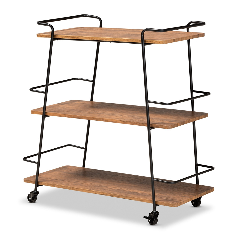 Rustic Industrial Black Metal and Walnut Finish Wood 3-Tier Mobile Wine Bar Cart Wine Trolley Serving Cart