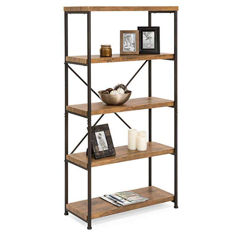 Portable modern furniture large tall bookcase 5 tiers rustic industrial metal ladder book shelf wooden for living room