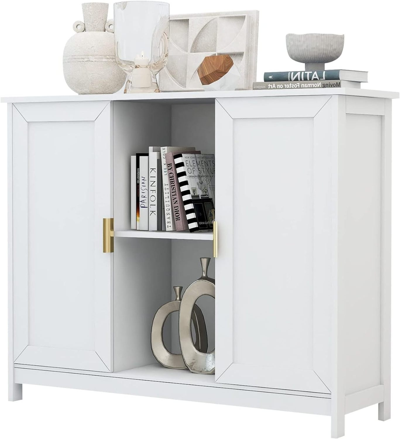 Wooden Coffee Bar Cabinet Buffet Table White Sideboard  Storage Cabinet with 2 doors for Narrow Spaces Entry Cabinet