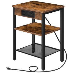 End Table with Charging Station and USB Ports 3-Tier Nightstand with Adjustable Shelf Narrow Side Table for Small Space