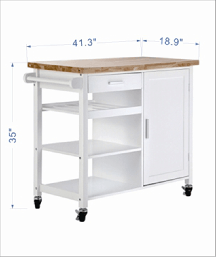 Rubber wooden trolley  Mobile Kitchen Island Cart  With Wine Rack and Storage Space For Home Furniture Kitchen Cabinets