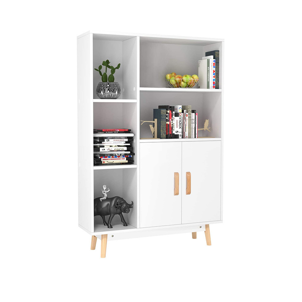 Home Furniture Modern Custom White MDF Wood Bookshelf 6 Shelf 1 Cabinet Storage Organizer Book Shelf Bookcase With 2 Door