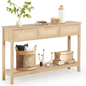 Rattan Console Table Entryway Table  Open Storage storage desk Hallway Foyer Table with 3Drawers Home Furniture