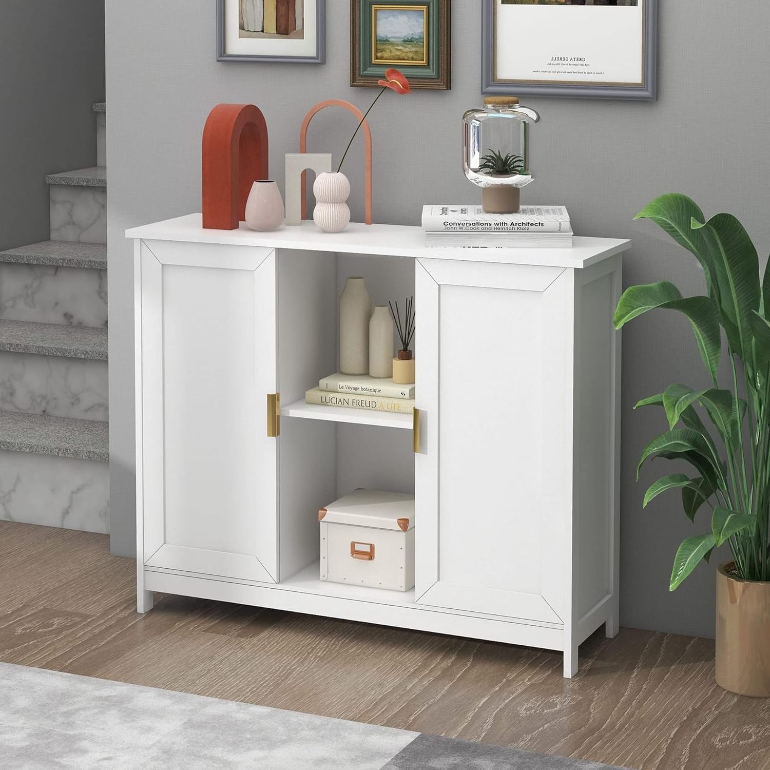 Wooden Coffee Bar Cabinet Buffet Table White Sideboard  Storage Cabinet with 2 doors for Narrow Spaces Entry Cabinet