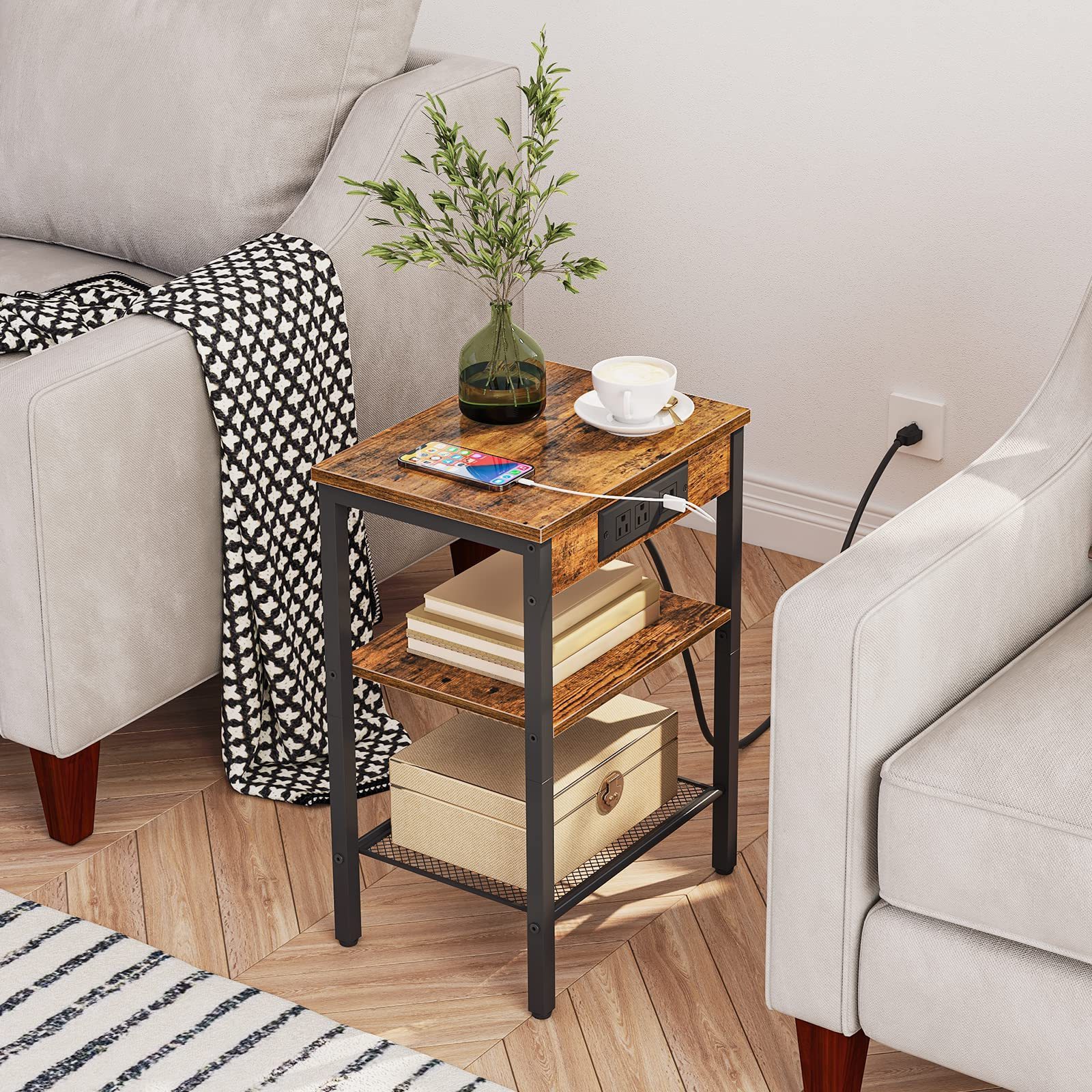 End Table with Charging Station and USB Ports 3-Tier Nightstand with Adjustable Shelf Narrow Side Table for Small Space