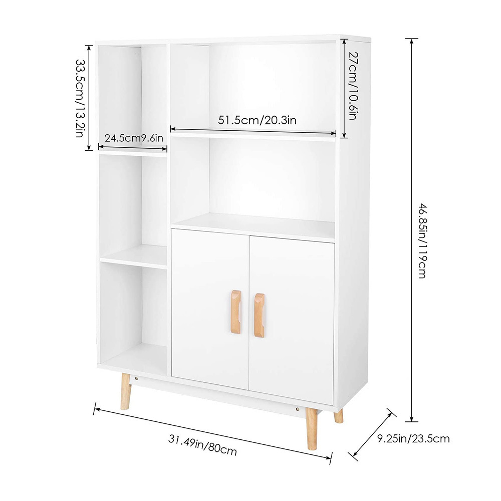 Home Furniture Modern Custom White MDF Wood Bookshelf 6 Shelf 1 Cabinet Storage Organizer Book Shelf Bookcase With 2 Door