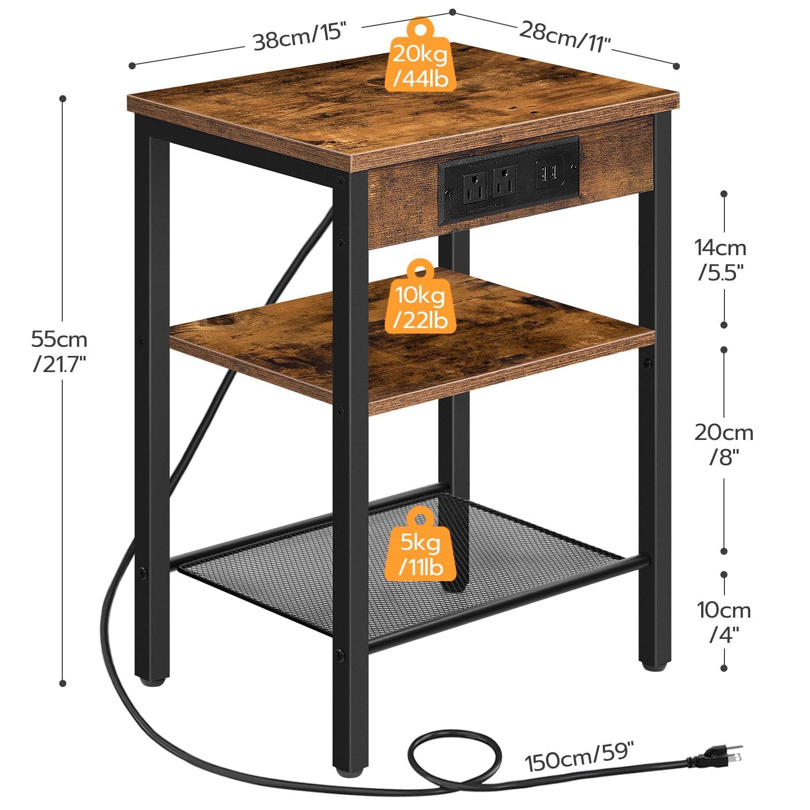 End Table with Charging Station and USB Ports 3-Tier Nightstand with Adjustable Shelf Narrow Side Table for Small Space