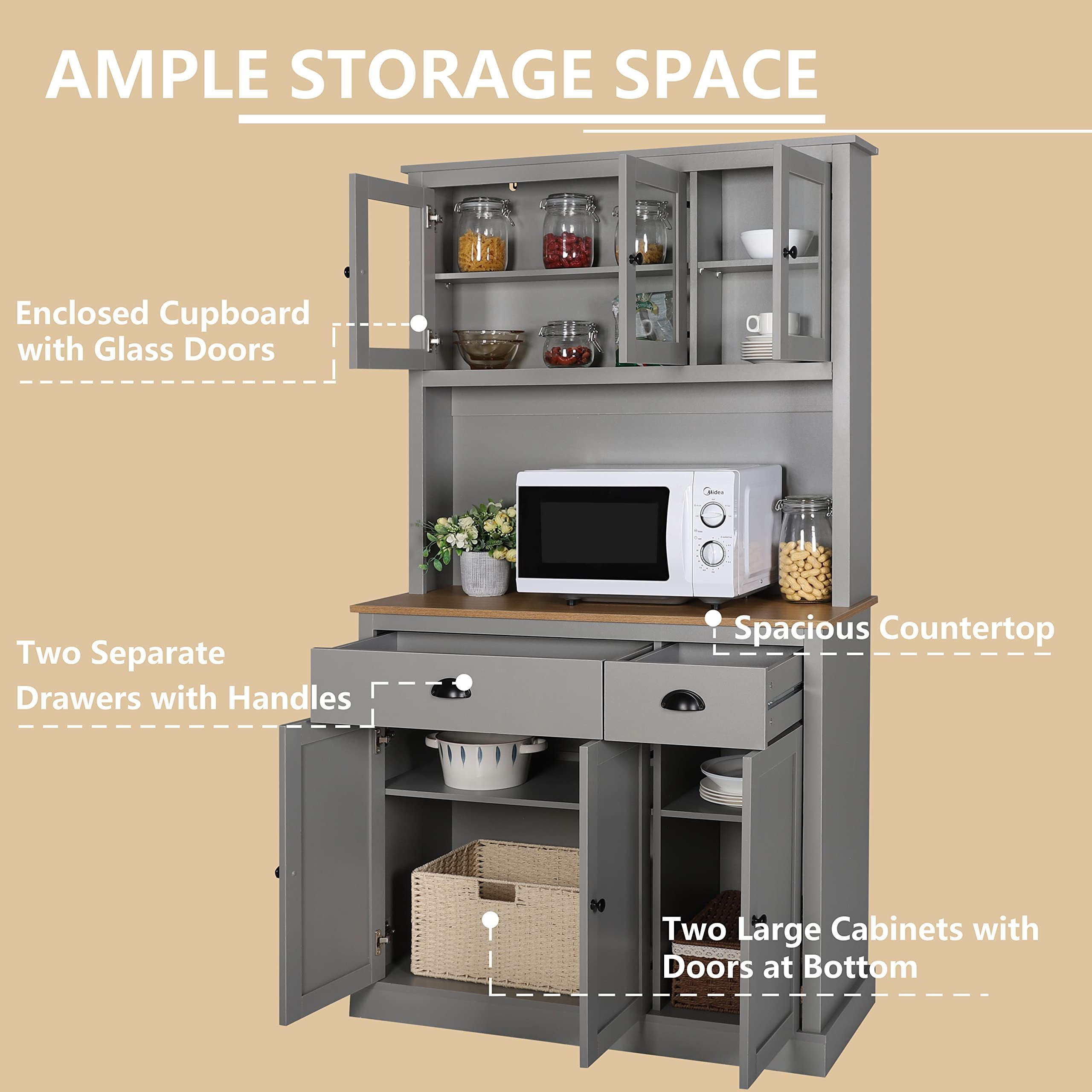 71'' Freestanding Hutch Cabinet Kitchen Pantry Storage Cabinet with Microwave Stand Buffet Cupboard, Drawers and Doors for Home