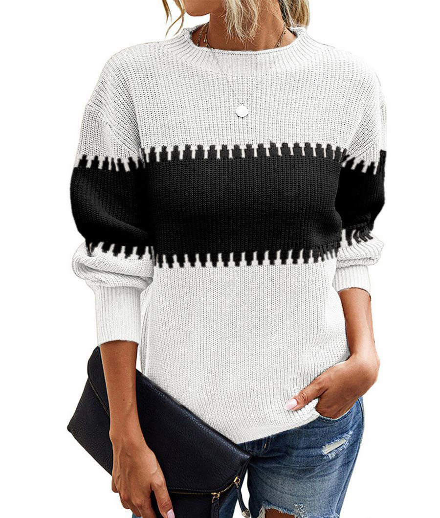 Korean Contrast Color Pullover Striped Knitted Sweater Lantern Sleeve Fashion Top Stylish Crew Neck Woman Sweaters