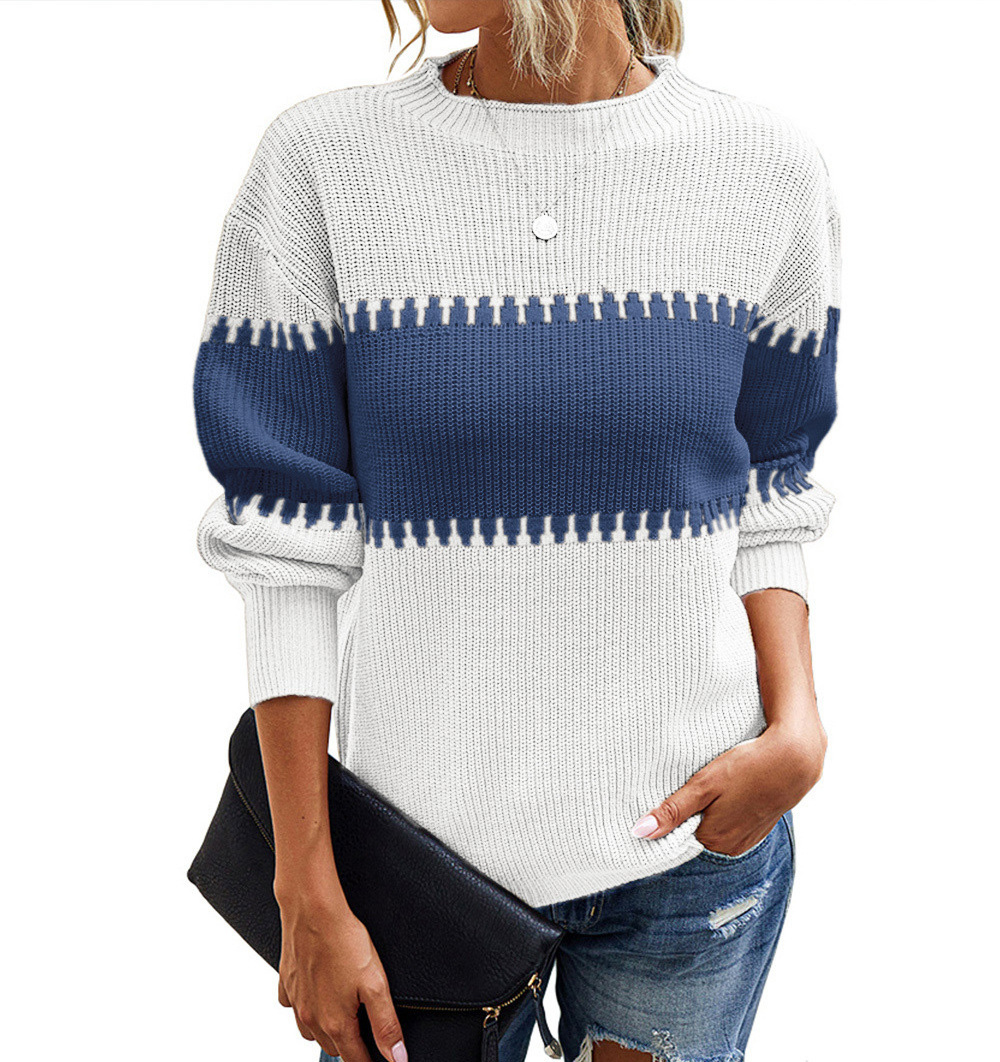 Korean Contrast Color Pullover Striped Knitted Sweater Lantern Sleeve Fashion Top Stylish Crew Neck Woman Sweaters