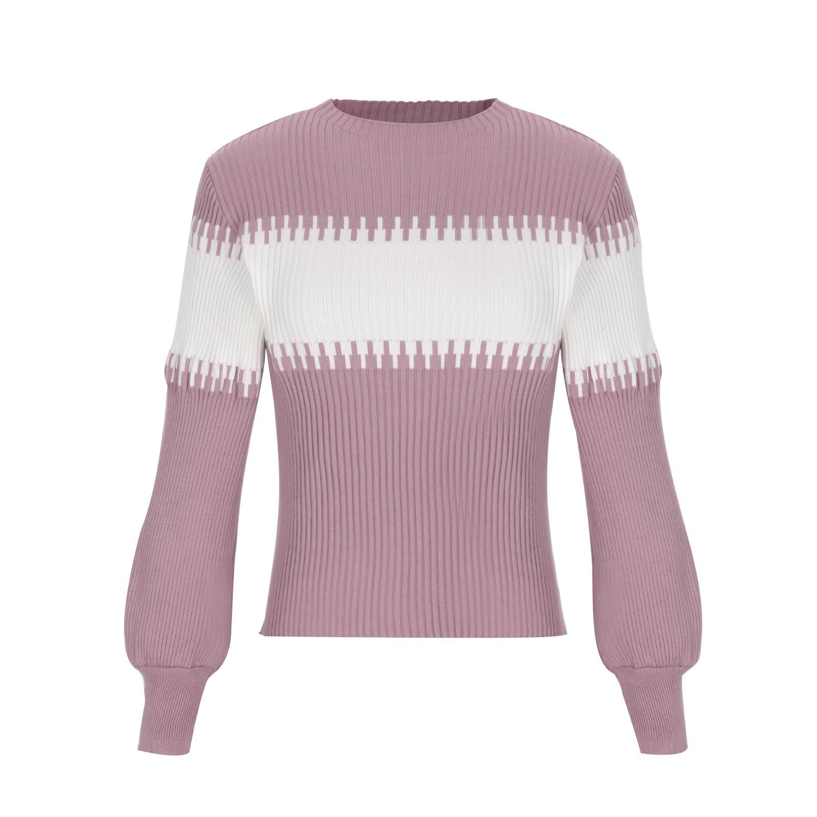 Korean Contrast Color Pullover Striped Knitted Sweater Lantern Sleeve Fashion Top Stylish Crew Neck Woman Sweaters