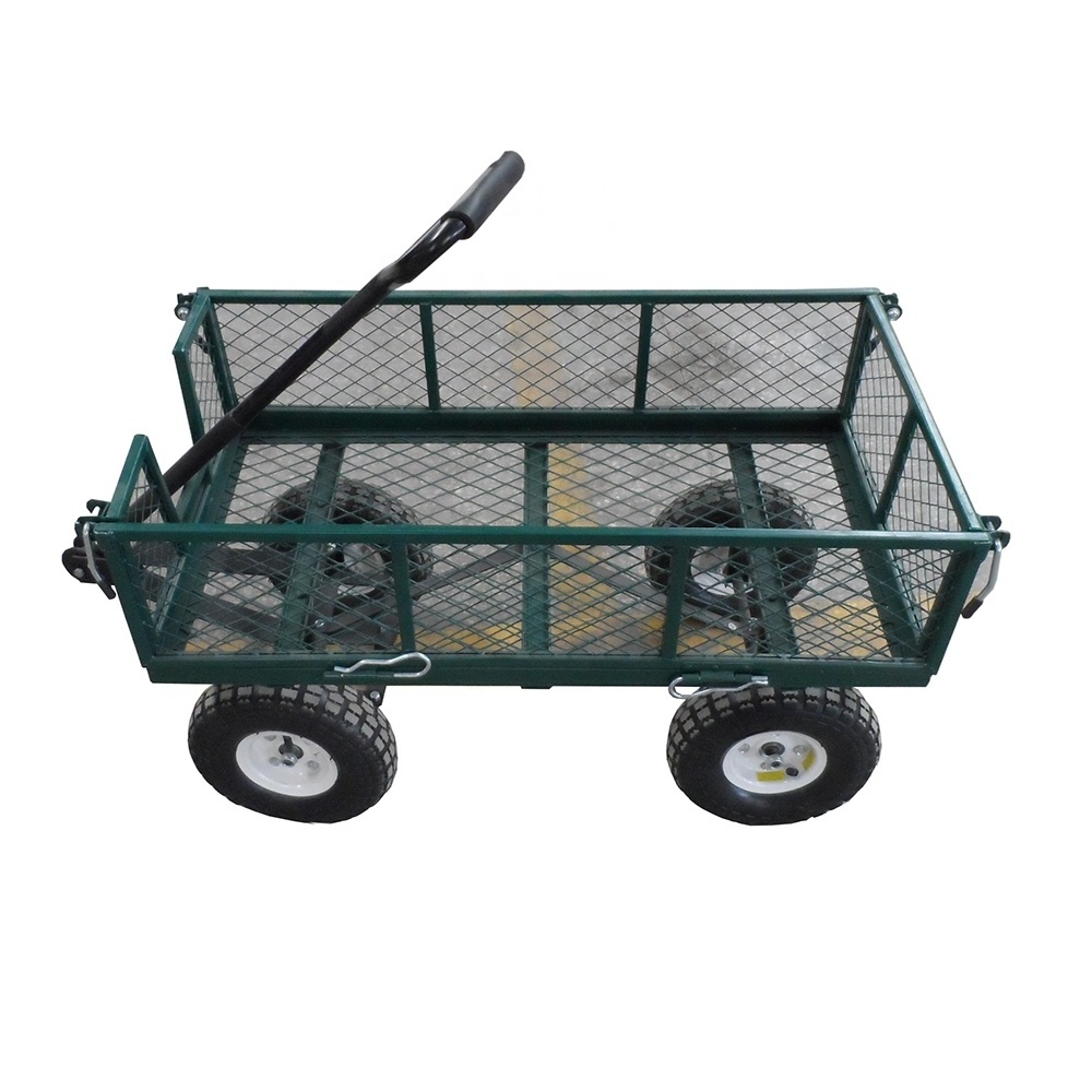 Heavy Load Metal Garden Wagon Hand Cart Mesh Sides 300kgs Loading Capacity Steel Wagon Hand Carts & Trolleys