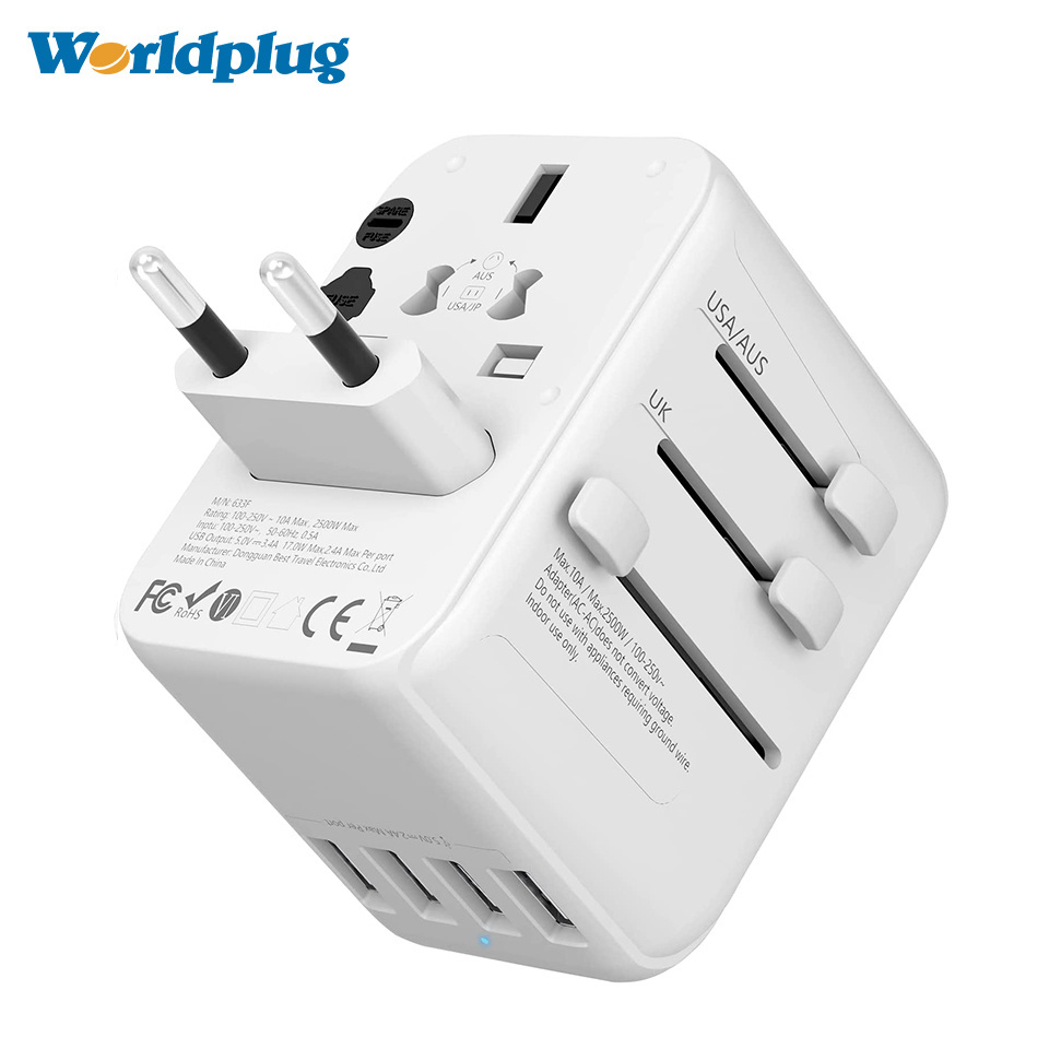 Worldplug Fast Adapter Wall Travel Adaptor Electrical European UK US Multi Plug Socket Universal 4 USB Travel Adapter