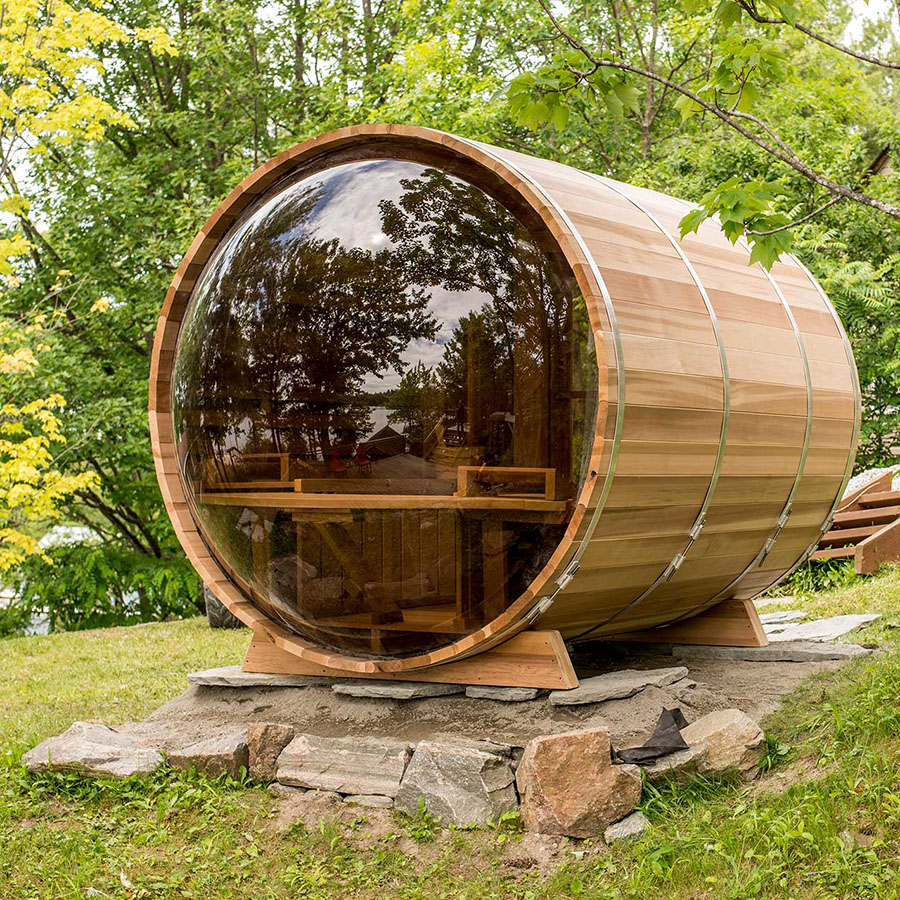 Custom Outdoor Traditional Panoramic Barrel Sauna wood burning red cedar Steam Wooden Sauna