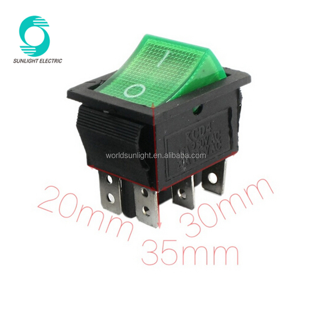 Mounting 30mm x 20mm AC 250V 15A 125V 20A Green DPDT 2NO 2NC 6 Pins ON-OFF Rocker Switch