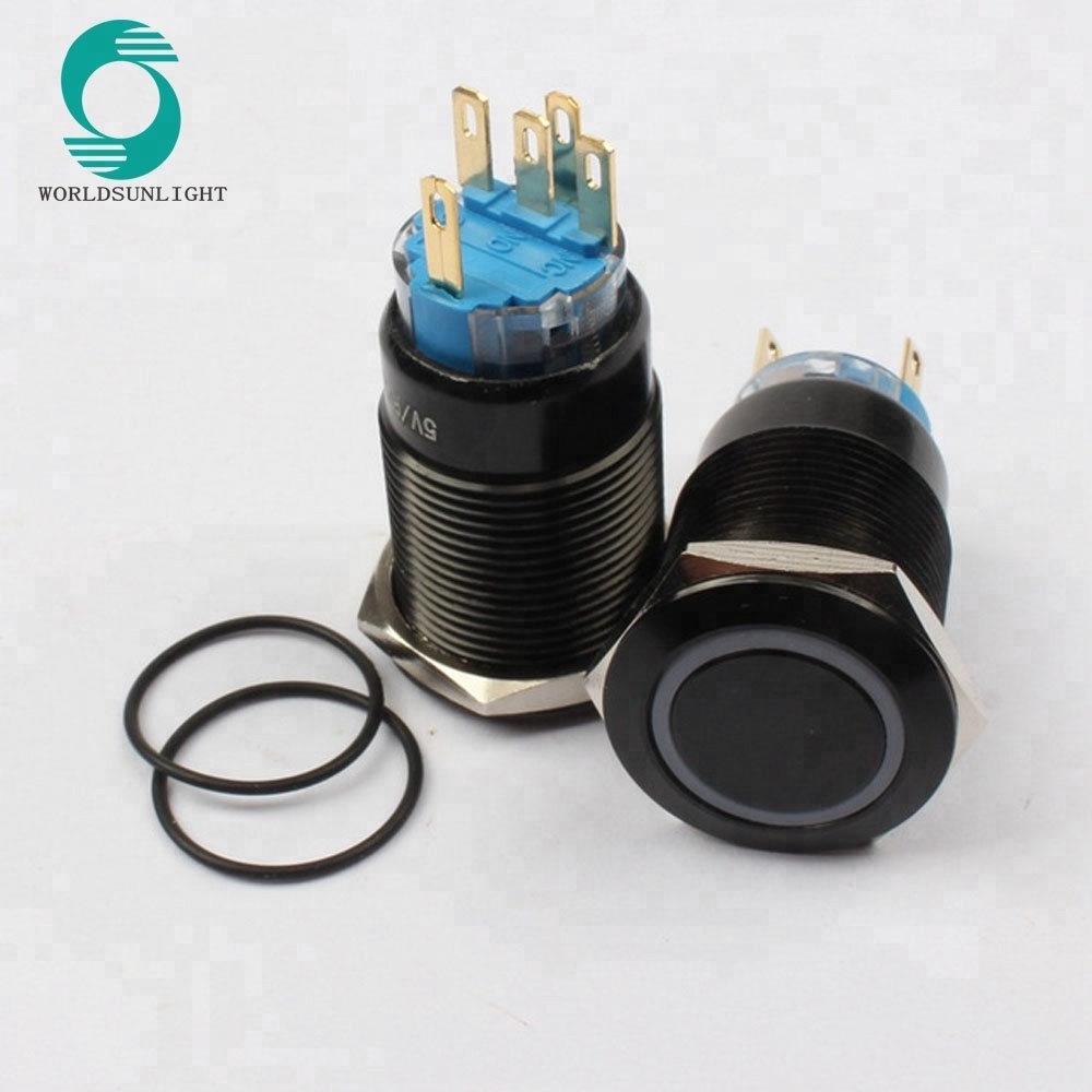 19mm diameter 1NO1NC latching type ring led light illuminated Anti vandal Alumina black metal pushbutton switch