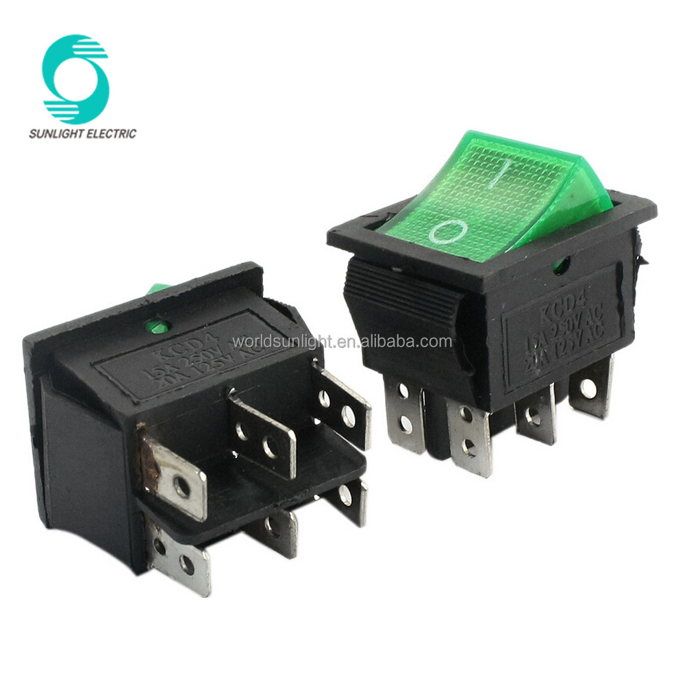 Mounting 30mm x 20mm AC 250V 15A 125V 20A Green DPDT 2NO 2NC 6 Pins ON-OFF Rocker Switch