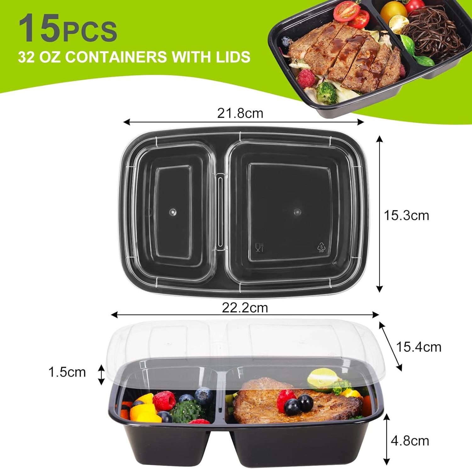 15Pcs 32oz Kitchen Packaging Black Plastic Meal Boxes Lunch Storage Food Container