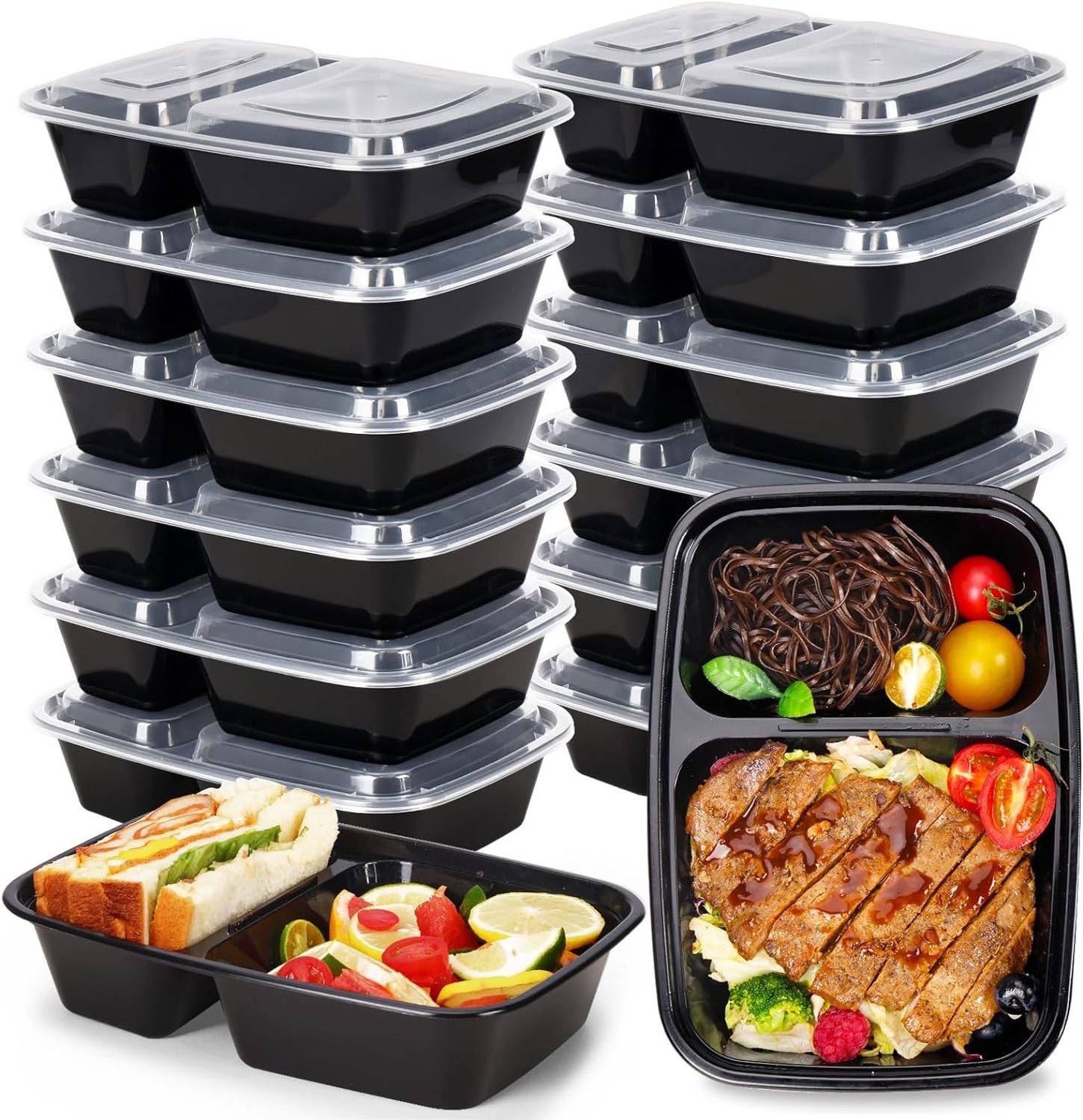 15Pcs 32oz Kitchen Packaging Black Plastic Meal Boxes Lunch Storage Food Container