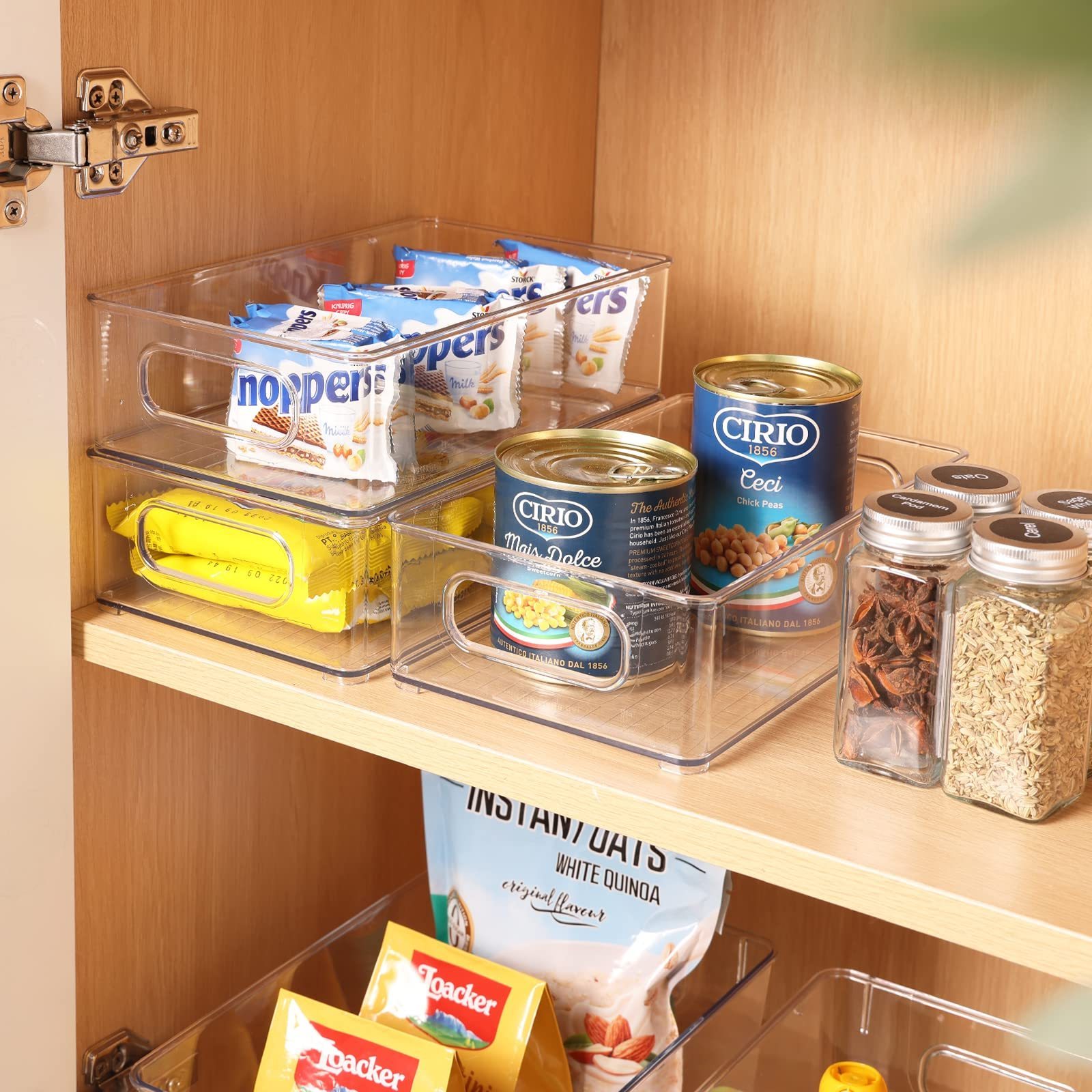 6 Pack Plastic Kitchen Pantry Cabinet Clear Organizing Bins with Handles Stackable Clear Storage