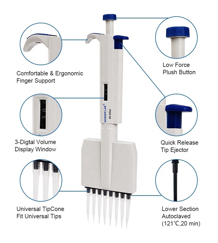 WORNER LAB wholesale 8 channel micropipette 300ul ,adjustable multichannel pipette