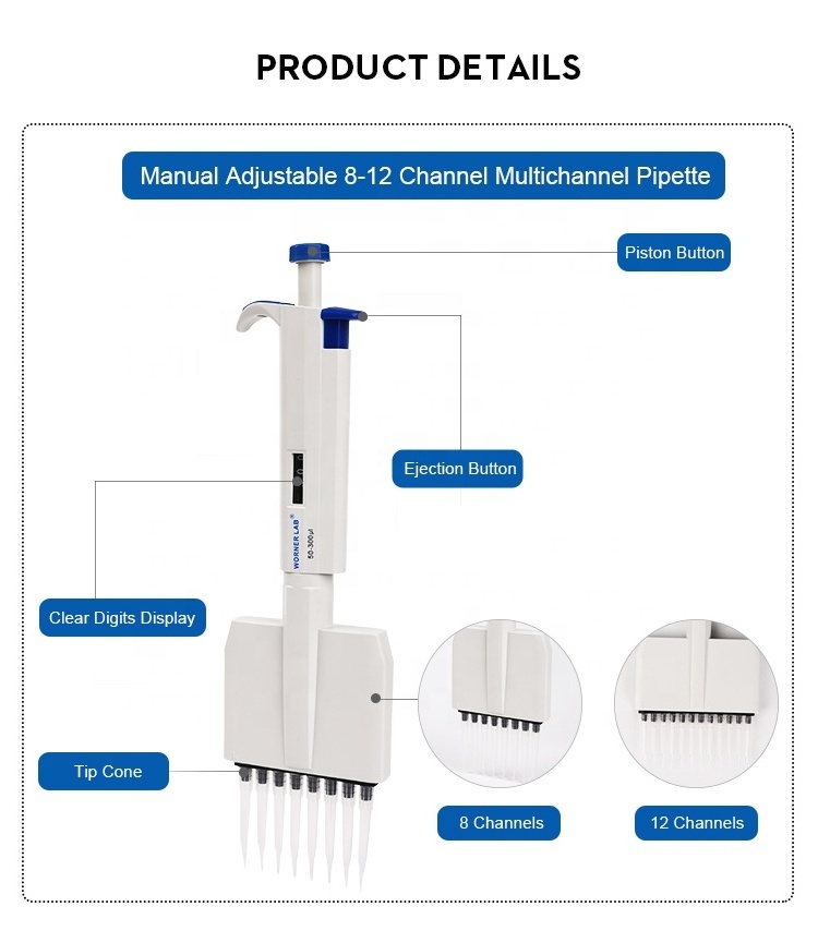 WORNER LAB wholesale 8 channel micropipette 300ul ,adjustable multichannel pipette