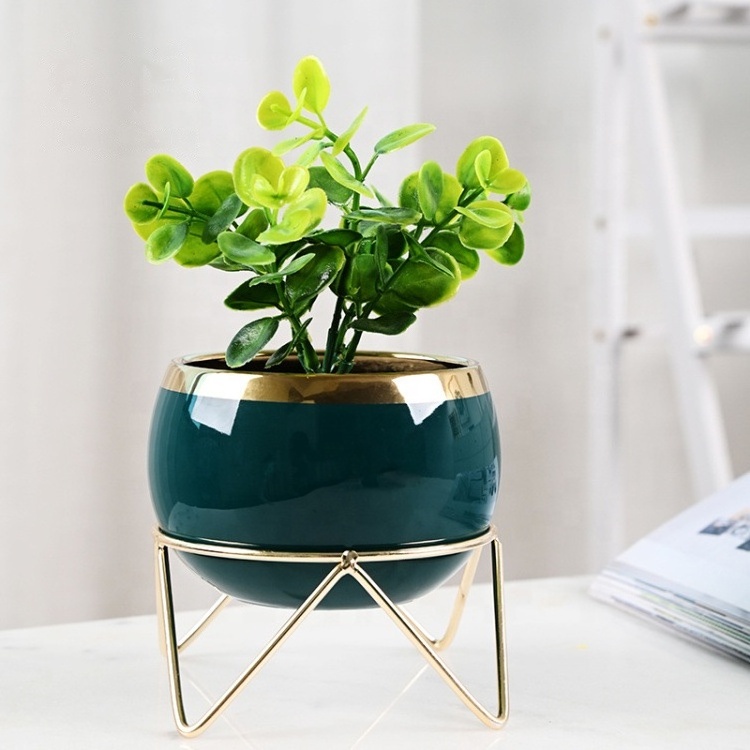 New Nordic Creative Glazed Medium Succulent Planter Ceramic Flower Plant Pots With Metal Stand