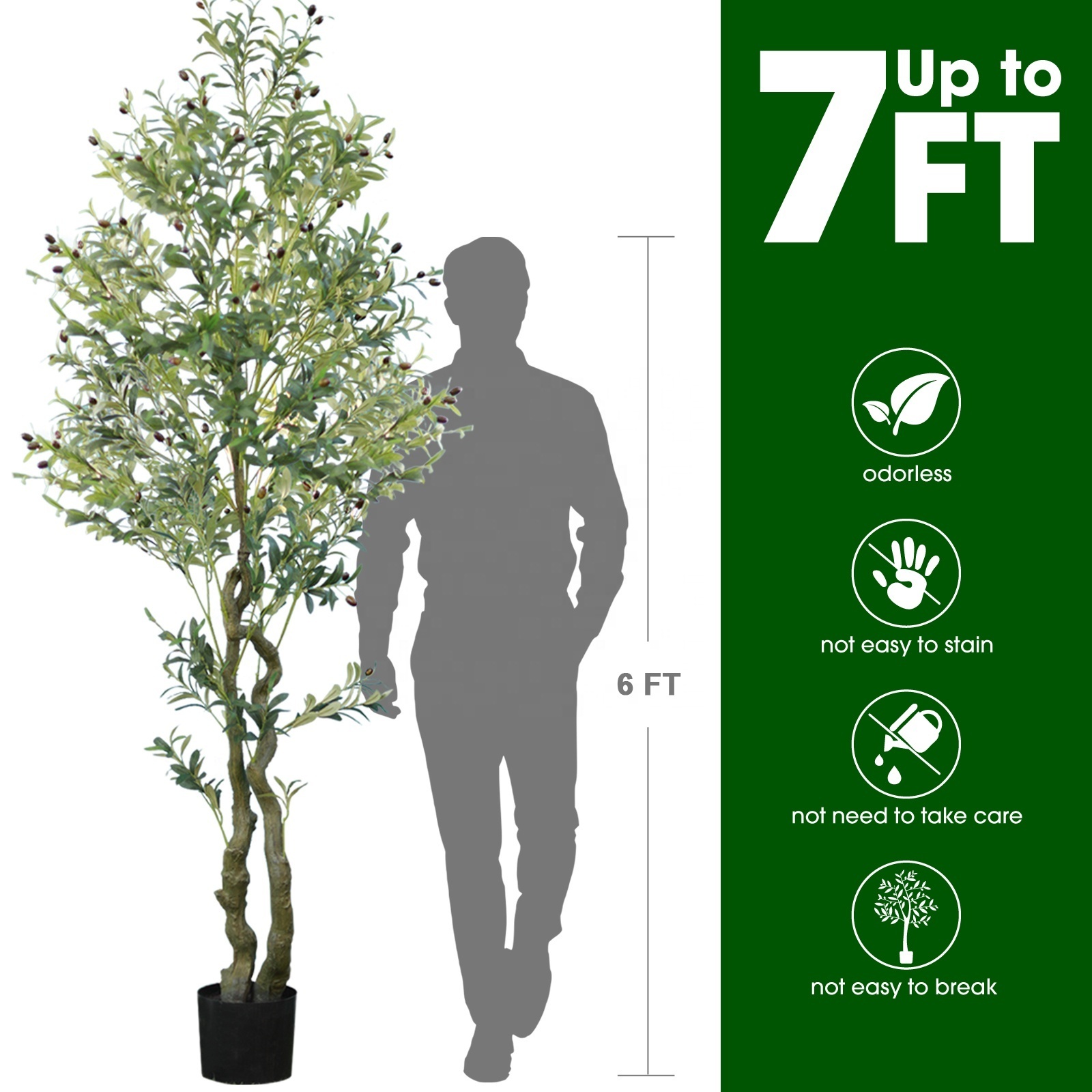 Worth Garden 7FT Green Outdoor High Trunk Large Faux Artificial Decorative Olive Trees with LED Lights