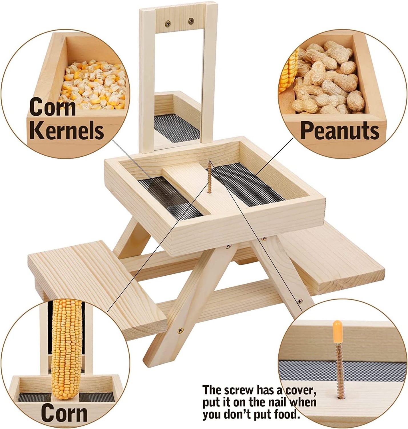 Chipmunk Bench Feeders Wooden Picnic Table Bird Feeder with Corn Cob Holder and Mirror for Small Animals Outdoor Stocked