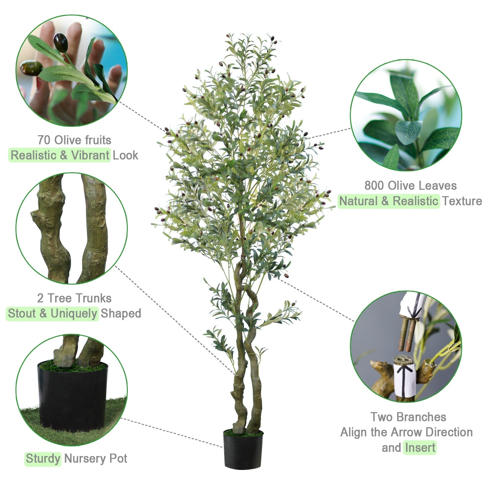 Worth Garden 7FT Green Outdoor High Trunk Large Faux Artificial Decorative Olive Trees with LED Lights