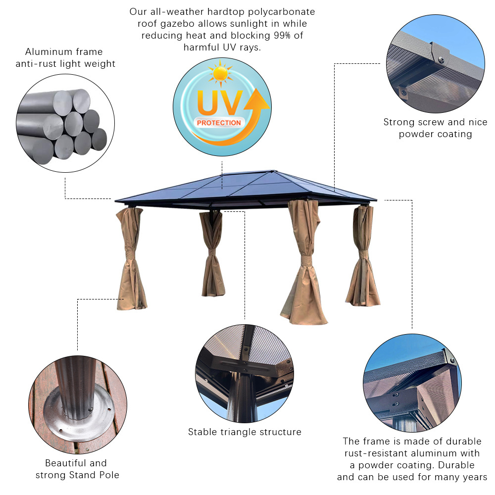 10 12 16FT Manufacture Aluminum Garden Patio Waterproof Outdoor Tent Hardtop Gazebos With Mosquito Net