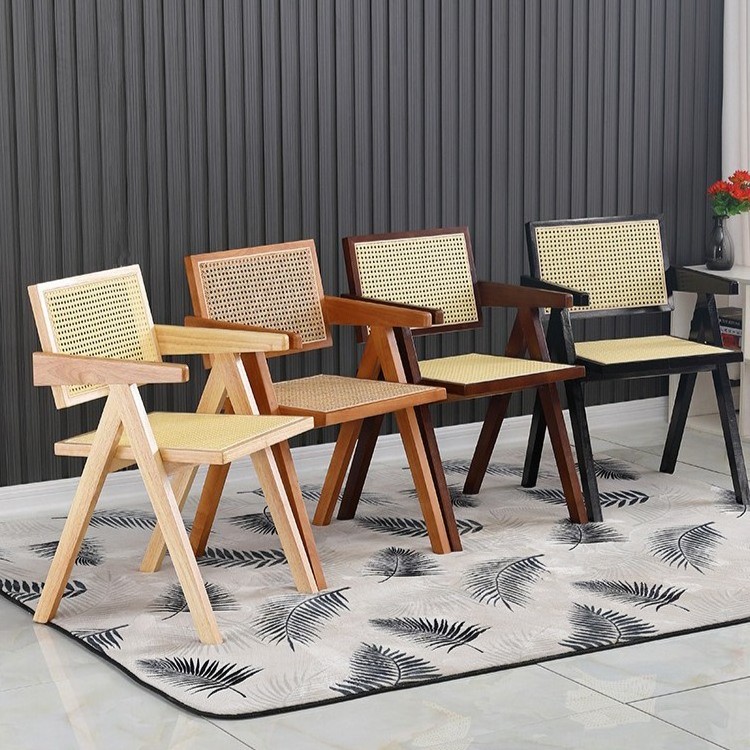 Comfortable Chair Furniture Wooden Nordic Cane Woven Wicker Rattan Solid Wood Dining Chair