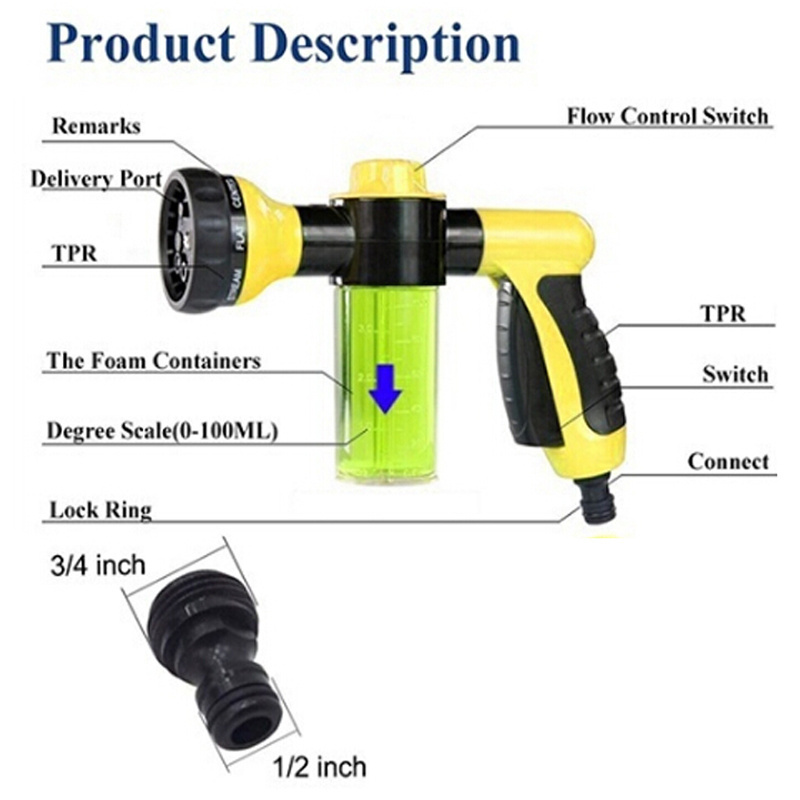 8 Functions Watering Garden Hose Hand Spray Foam Nozzles Gun For Garden Hose