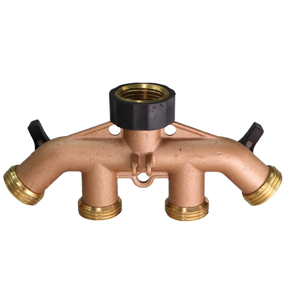 Water Distributor Copper 3/4 inch 4 Way Splitter Garden Hose Brass Shut Off Quick Connectors