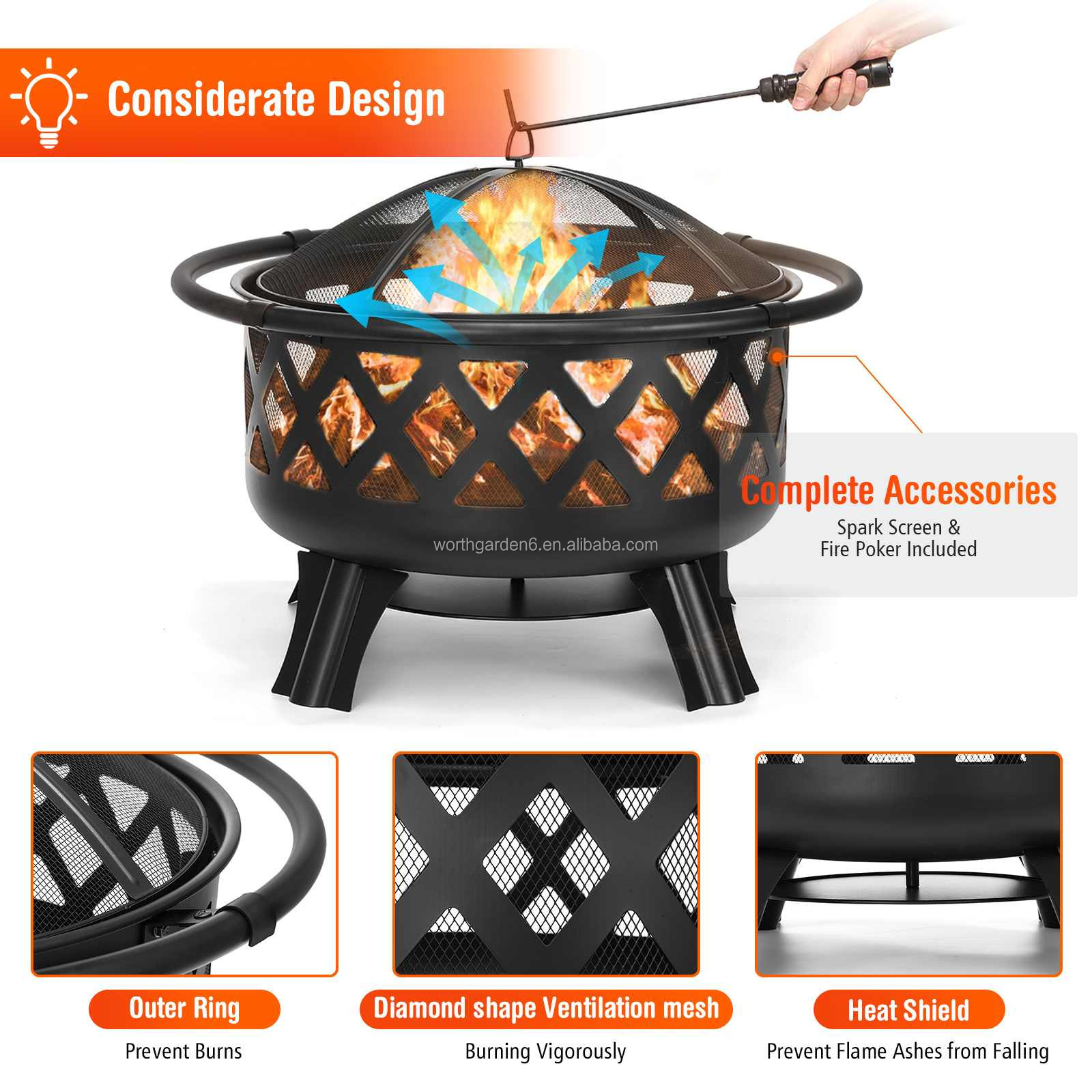 Black Backyard Metal Portable Outdoor Wood Burning Fire Pits Fireplace Tools