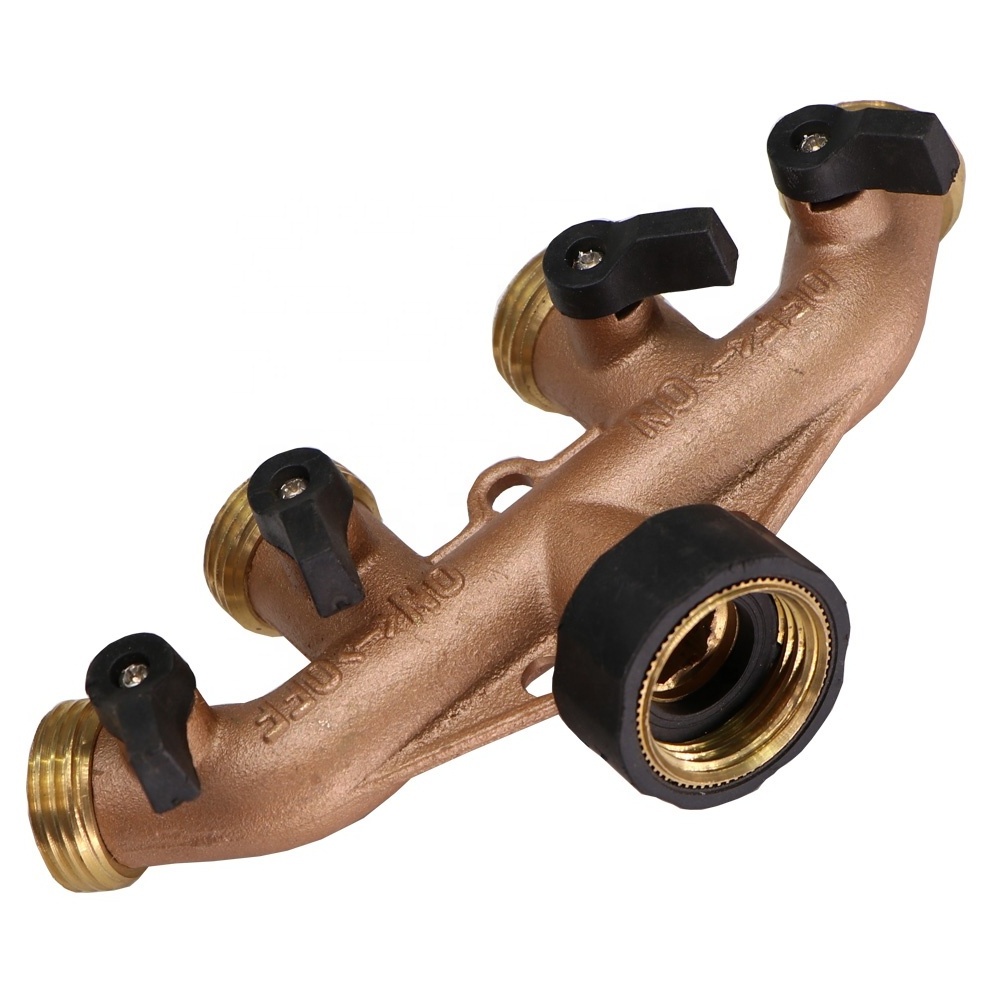 Water Distributor Copper 3/4 inch 4 Way Splitter Garden Hose Brass Shut Off Quick Connectors