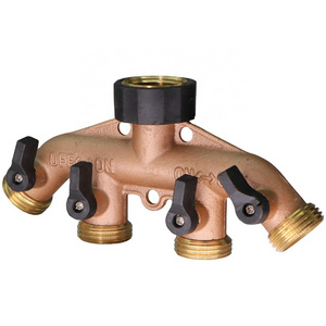 Water Distributor Copper 3/4 inch 4 Way Splitter Garden Hose Brass Shut Off Quick Connectors