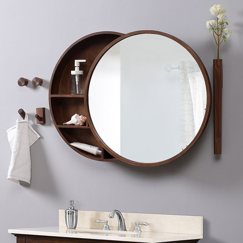 Push pull bathroom mirror cabinet with lights solid wood frame smart anti fog storage wall decor hanging round Closets mirror