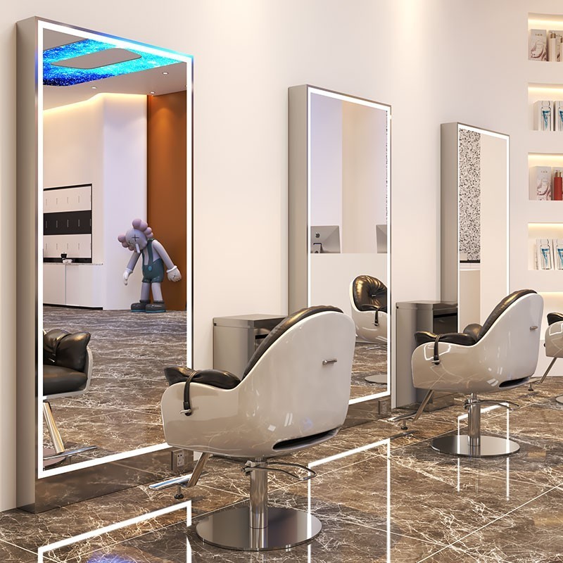 Professional beauty salon mirror modeling station double-sided barber mirror barber station with LED light