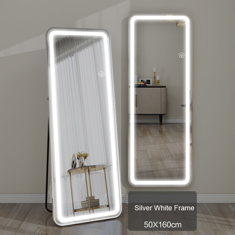 Fashion decor aluminum framed full length body led mirror with stand smart floor dressing mirror with lights wall mounted mirror