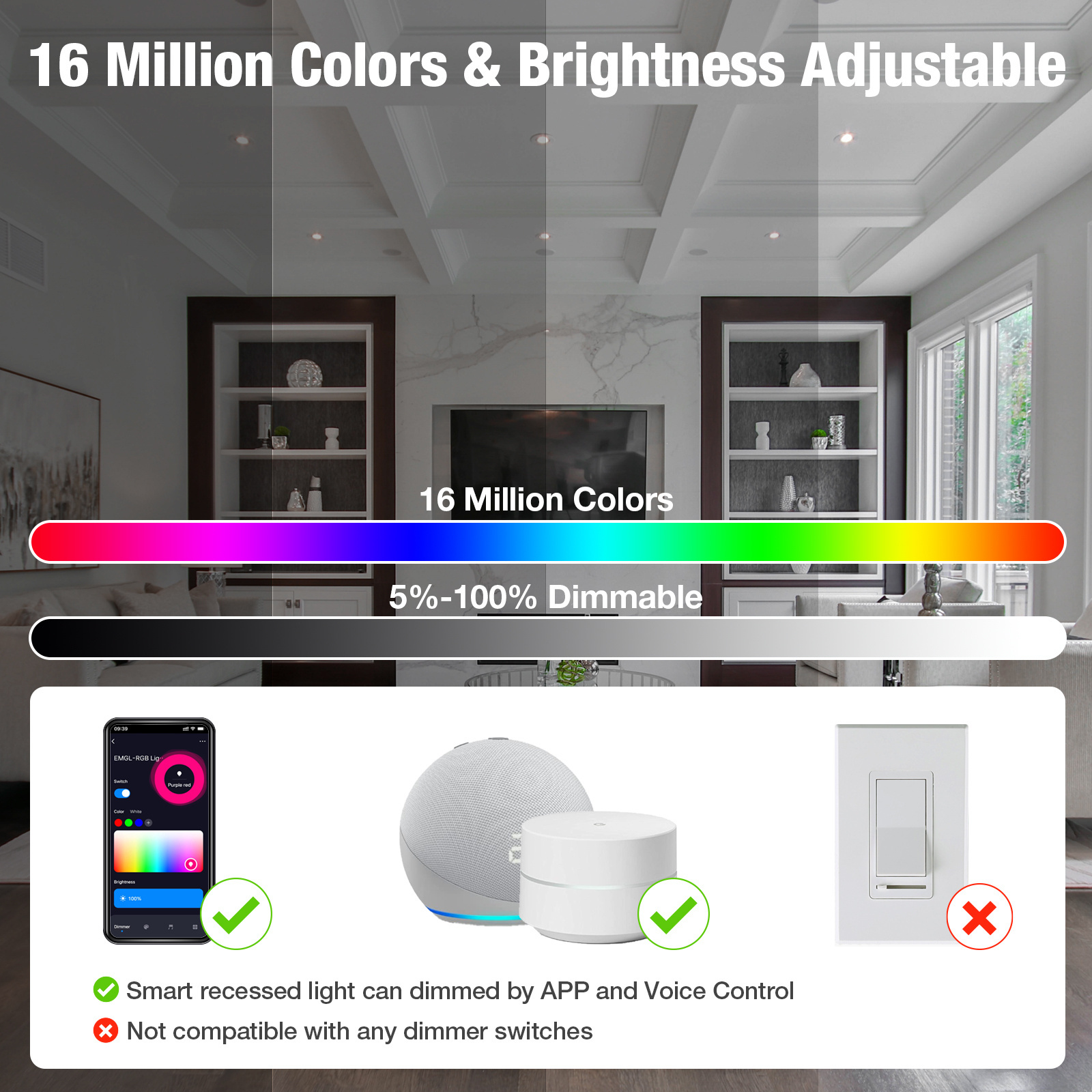 ETL FCC RGB 2700K-6000K WiFi APP & Voice Control 120V AC 4