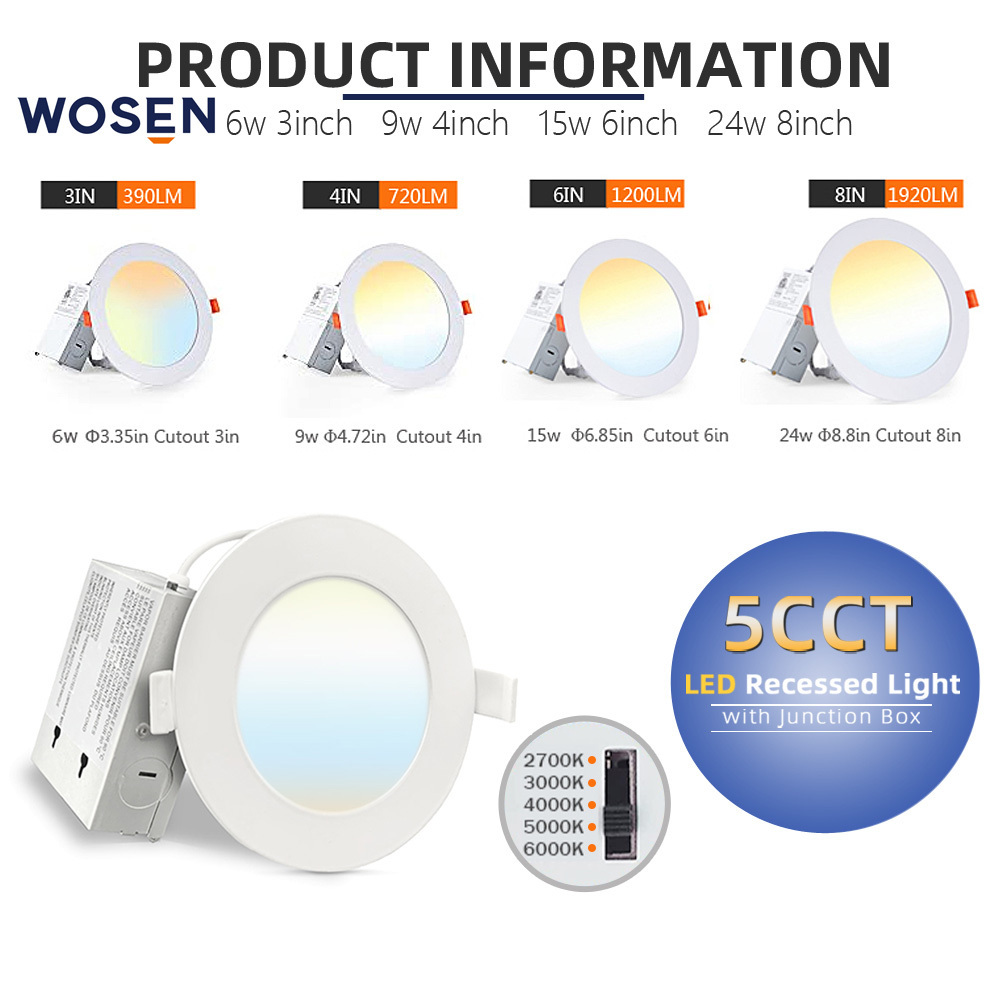 ETL 2700K-5000K Selectable 9w 4 Inch 5CCT Ultra-Thin LED Recessed Ceiling Light with Junction Box