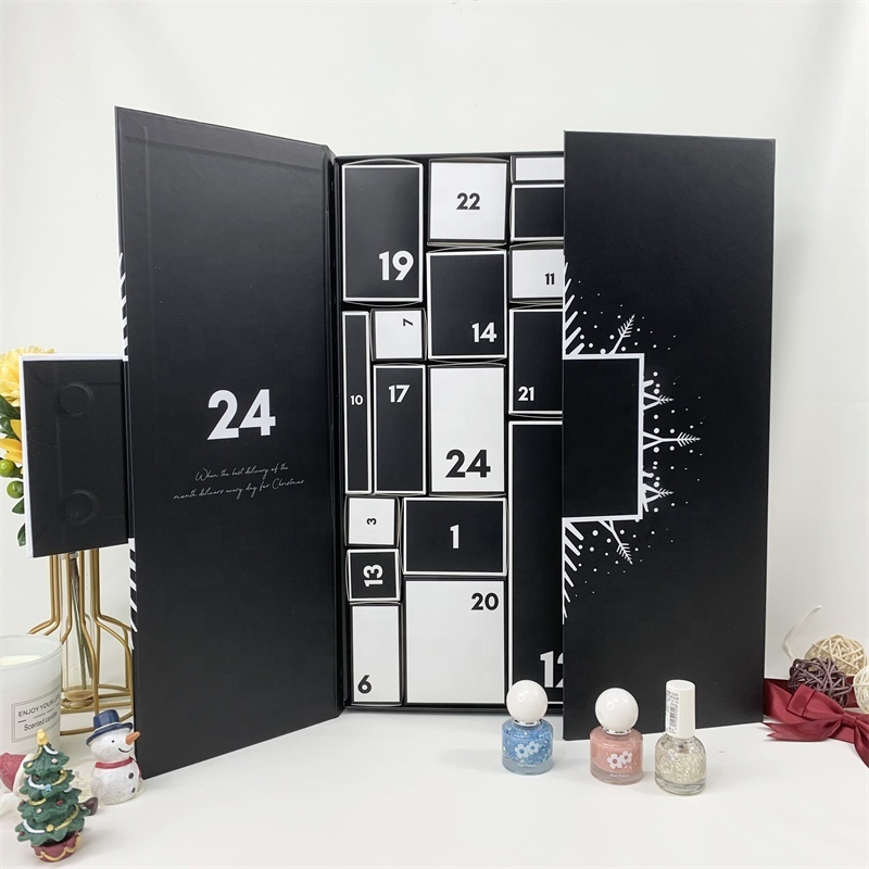 Hot sale Christmas Gift Box Black Packaging Nail Polish Storage Cosmetic Skincare Surprise Advent Calendar Box with Custom Logo