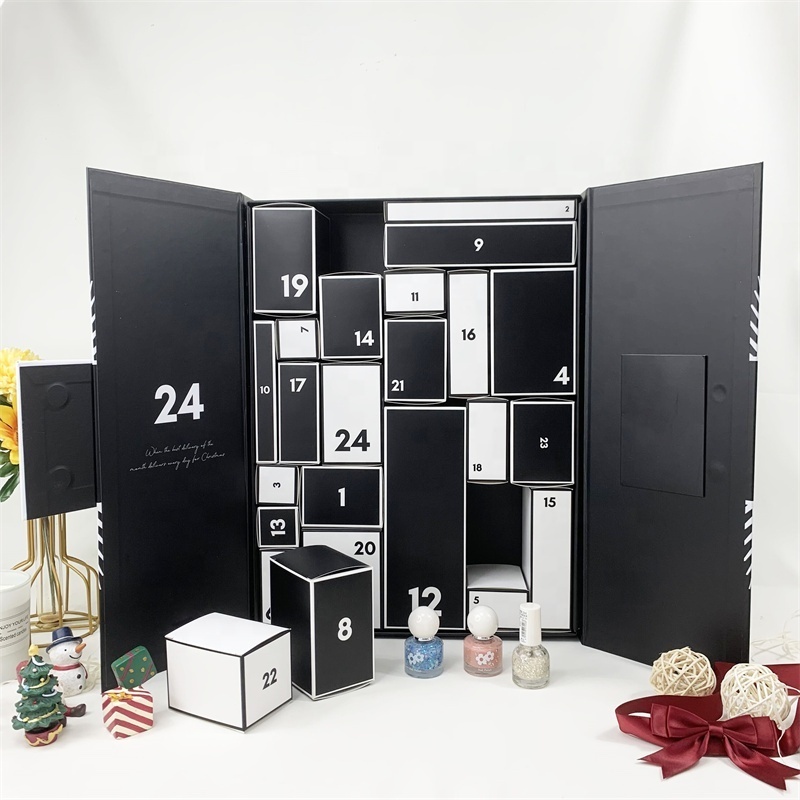 Hot sale Christmas Gift Box Black Packaging Nail Polish Storage Cosmetic Skincare Surprise Advent Calendar Box with Custom Logo