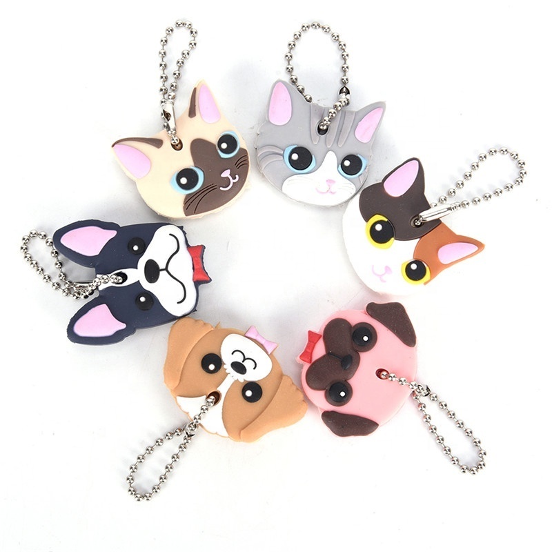 Cute Dog/Cat Shape Silicone Key Cover PVC Rubber Lovely Key Cap Keychain Key Holder Key Ring Women Bag Phone Charm