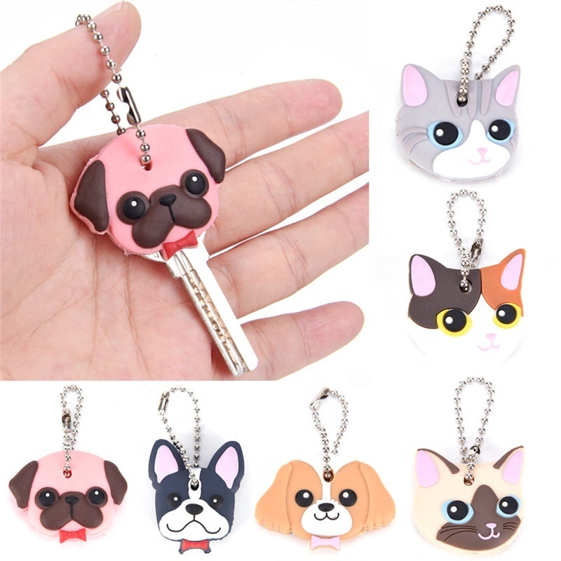 Cute Dog/Cat Shape Silicone Key Cover PVC Rubber Lovely Key Cap Keychain Key Holder Key Ring Women Bag Phone Charm