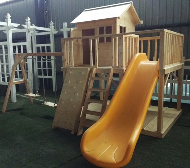 2019 cheap wooden playhouse with swing and slide for kids